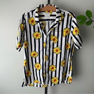 Public Art Black White Striped Sunflower Casual Button Down Shirt Mens XL